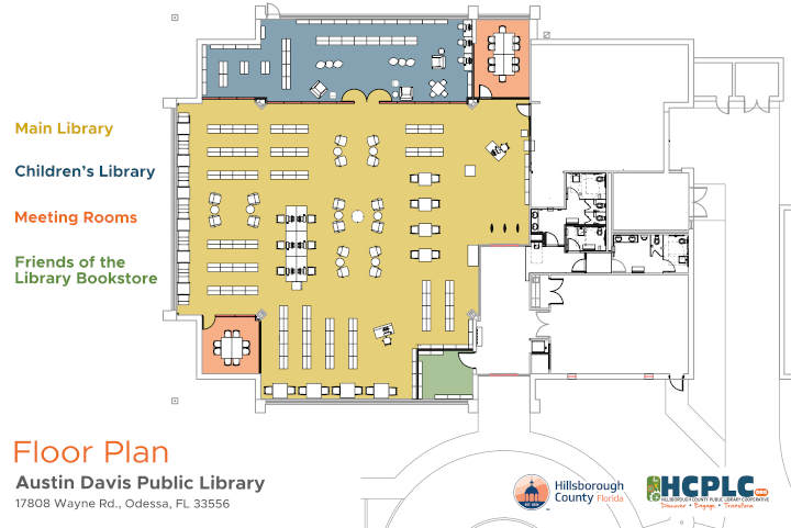 Remodeling floor plan with main library, children's library, meeting rooms, and bookstore